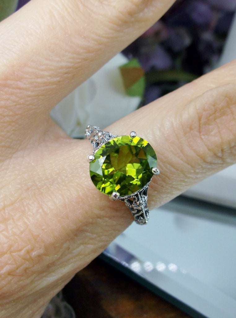 Natural Peridot Ring, Green Gemstone Ring, Medieval Floral filigree, Oval Gem, Vintage Sterling Silver Jewelry, Silver Embrace Jewelry, D173