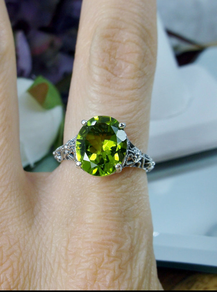 Natural Peridot Ring, Green Gemstone Ring, Medieval Floral filigree, Oval Gem, Vintage Sterling Silver Jewelry, Silver Embrace Jewelry, D173