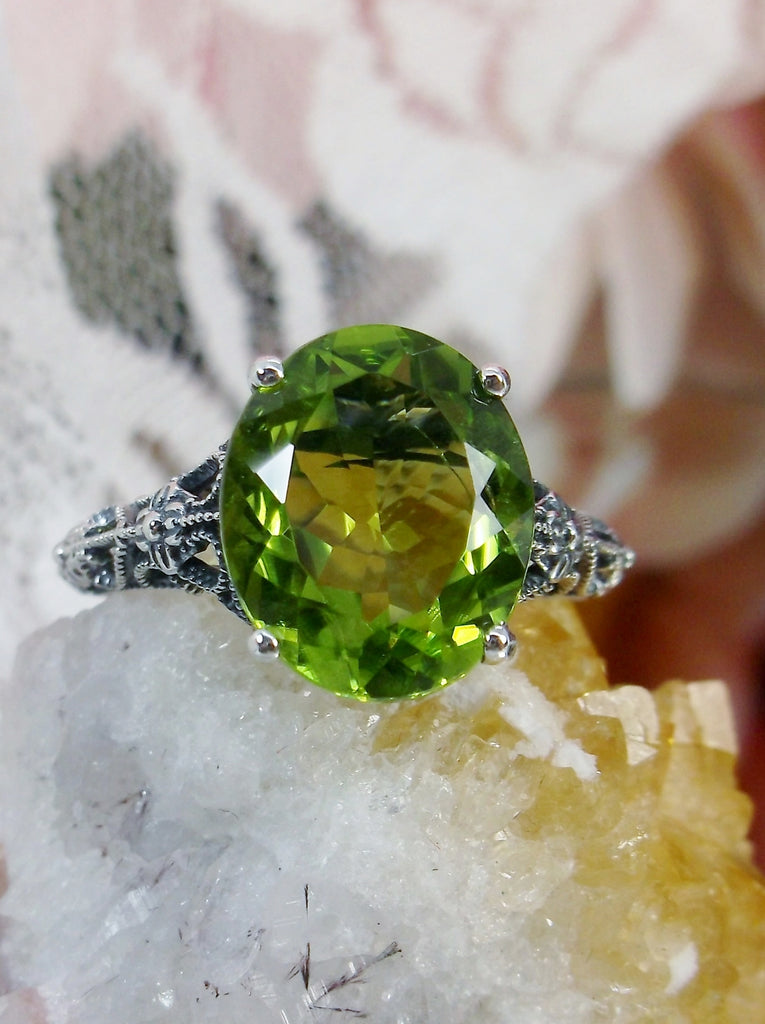 Natural Peridot Ring, Green Gemstone Ring, Medieval Floral filigree, Oval Gem, Vintage Sterling Silver Jewelry, Silver Embrace Jewelry, D173