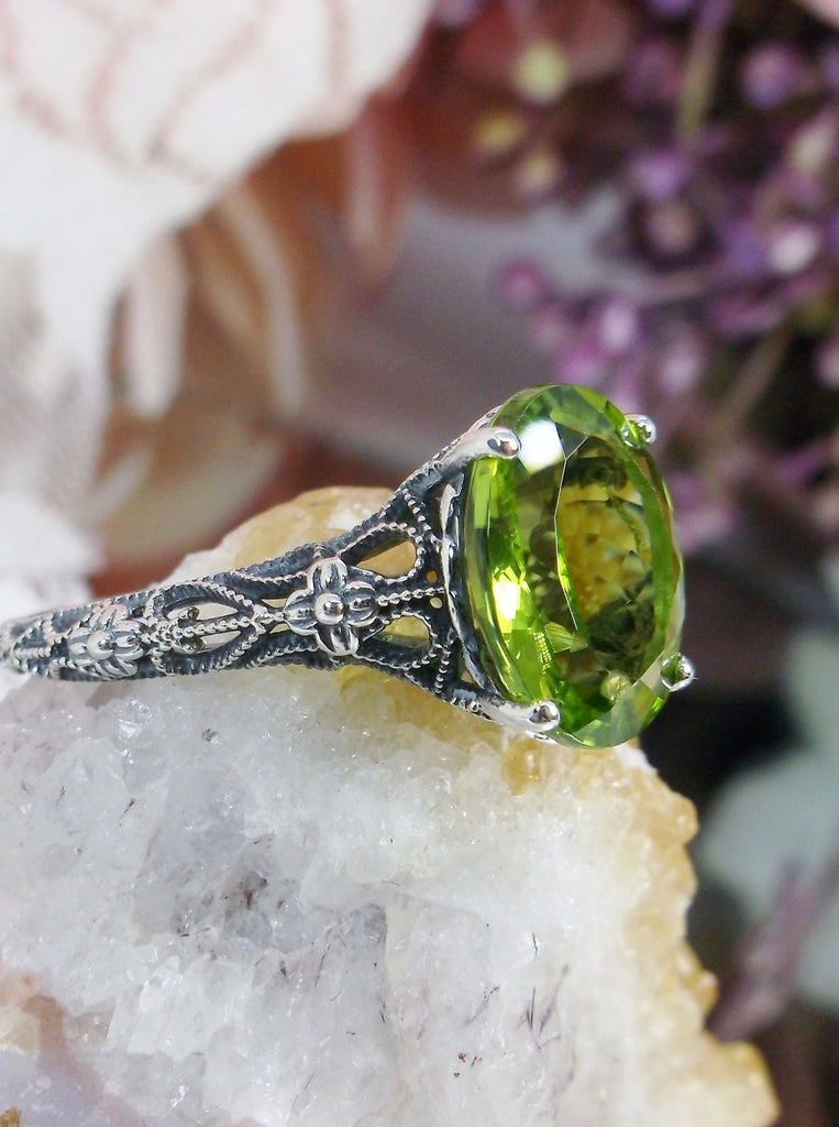 Natural Peridot Ring, Green Gemstone Ring, Medieval Floral filigree, Oval Gem, Vintage Sterling Silver Jewelry, Silver Embrace Jewelry, D173