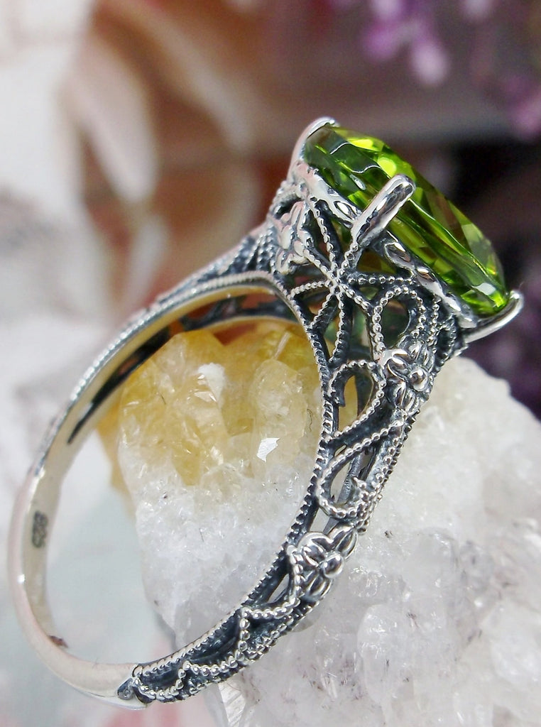 Natural Peridot Ring, Green Gemstone Ring, Medieval Floral filigree, Oval Gem, Vintage Sterling Silver Jewelry, Silver Embrace Jewelry, D173