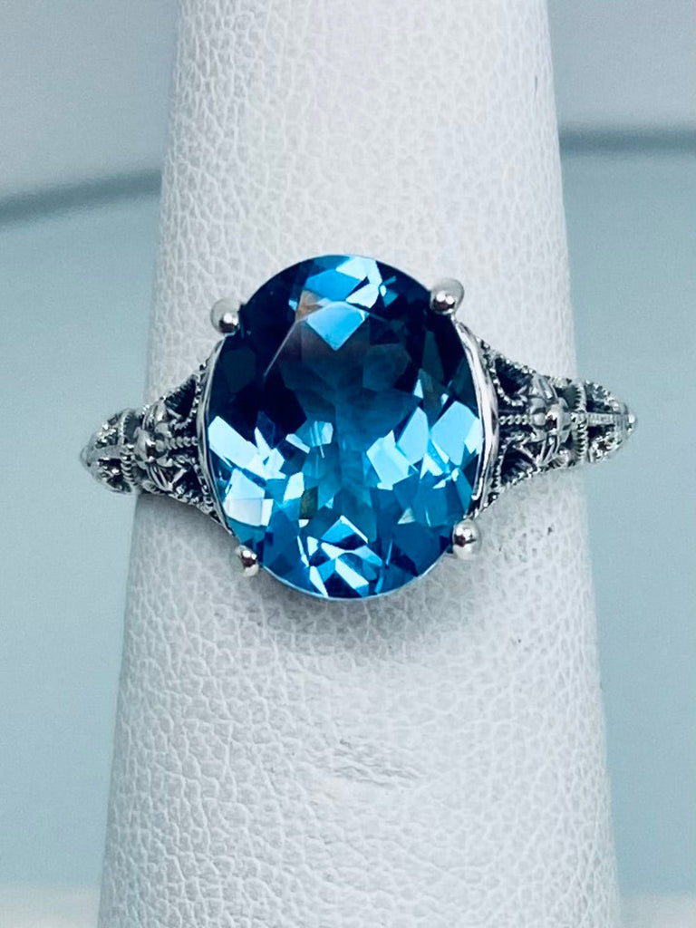 Natural London Blue topaz Ring, Sterling Silver Medieval Floral Filigree, Oval Gem, Silver Embrace Jewelry, D173