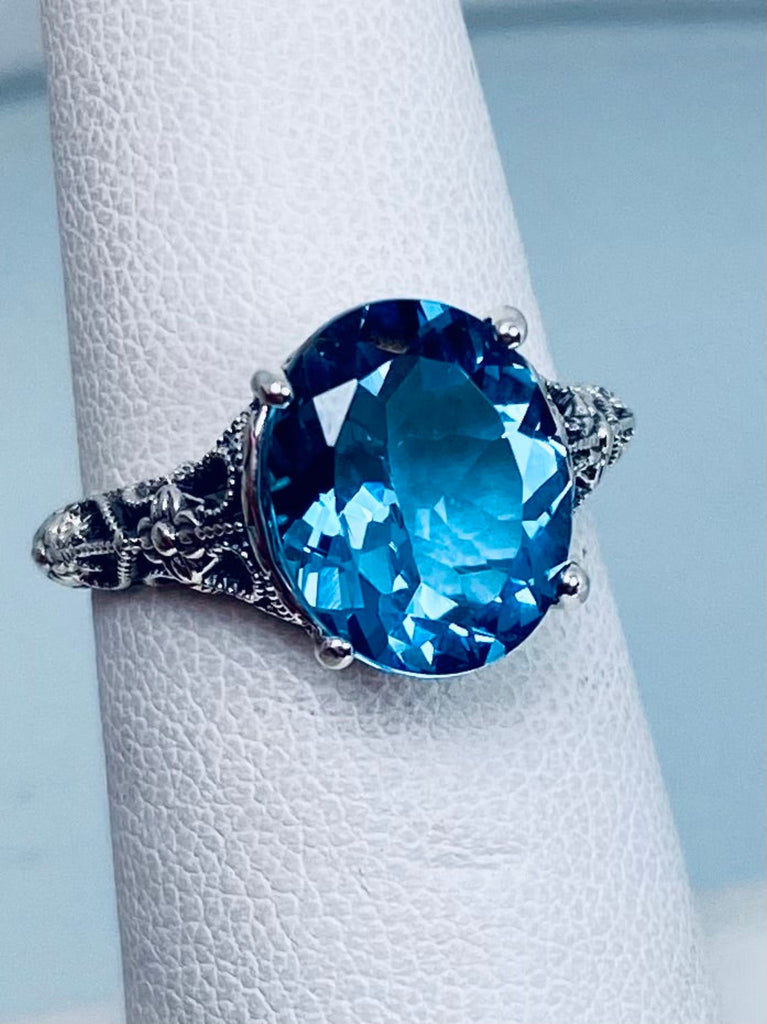 Natural London Blue topaz Ring, Sterling Silver Medieval Floral Filigree, Oval Gem, Silver Embrace Jewelry, D173