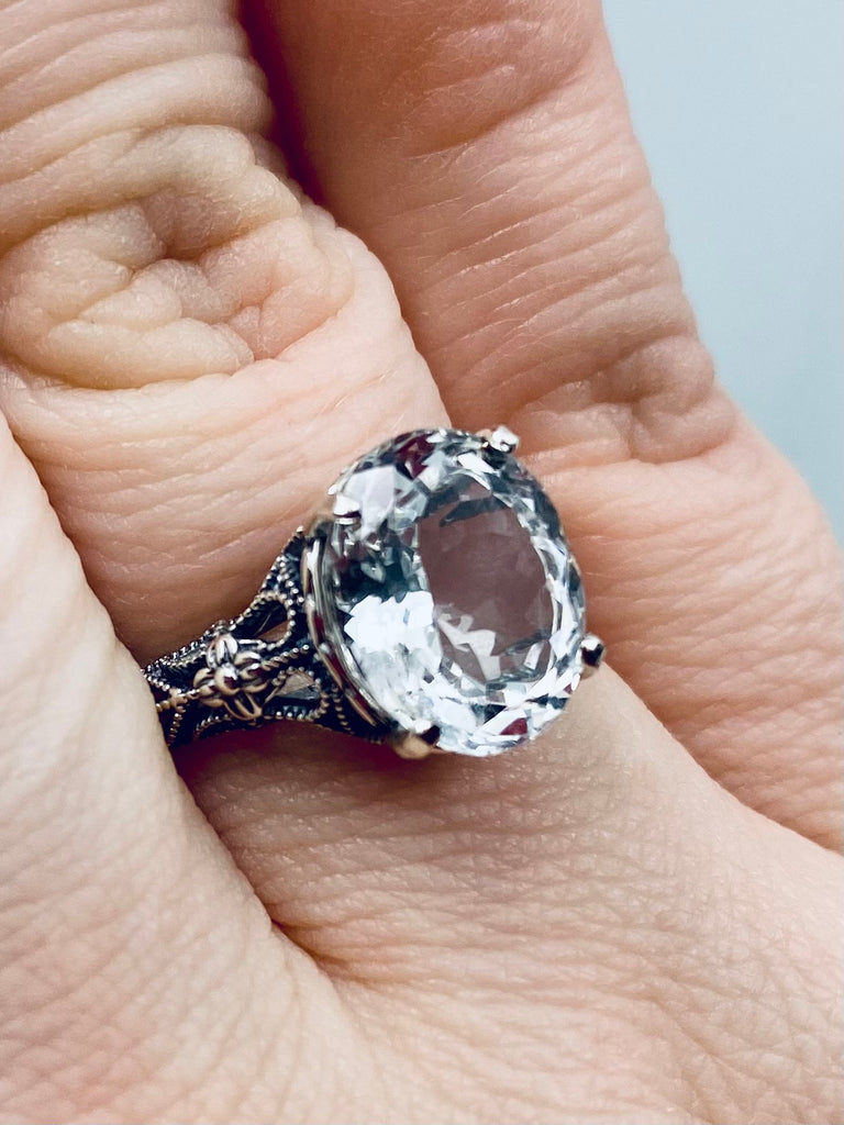 Natural White Topaz Ring, Medieval Floral Sterling Silver Filigree, Oval Faceted Gemstone, Vintage Jewelry, Silver Embrace Jewelry, D173