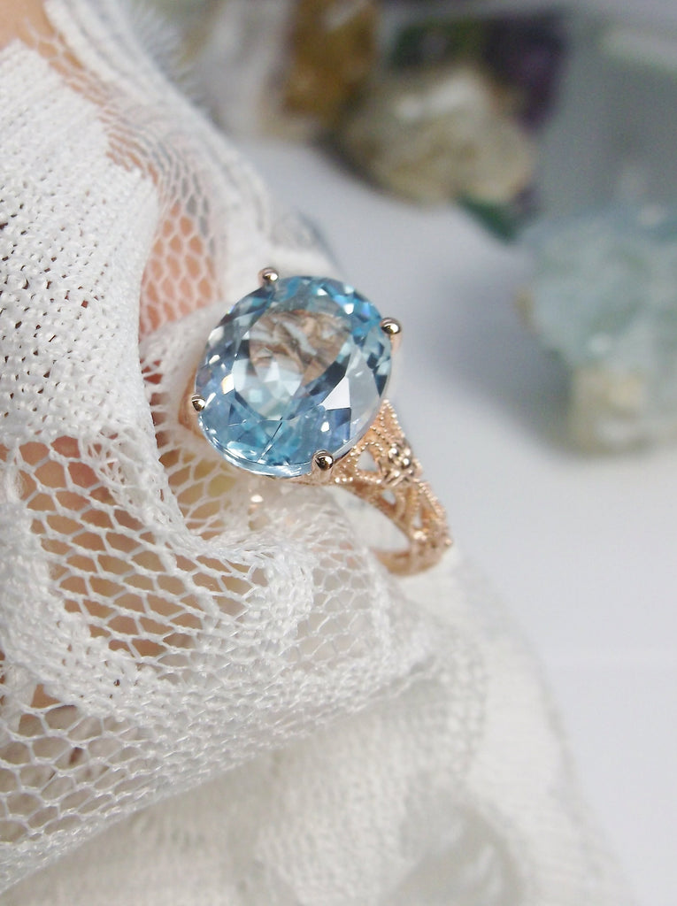 Natural Blue Topaz Ring, Medieval Floral filigree, Oval Gem, Vintage Rose Gold over Sterling Silver Jewelry, Silver Embrace Jewelry, D173
