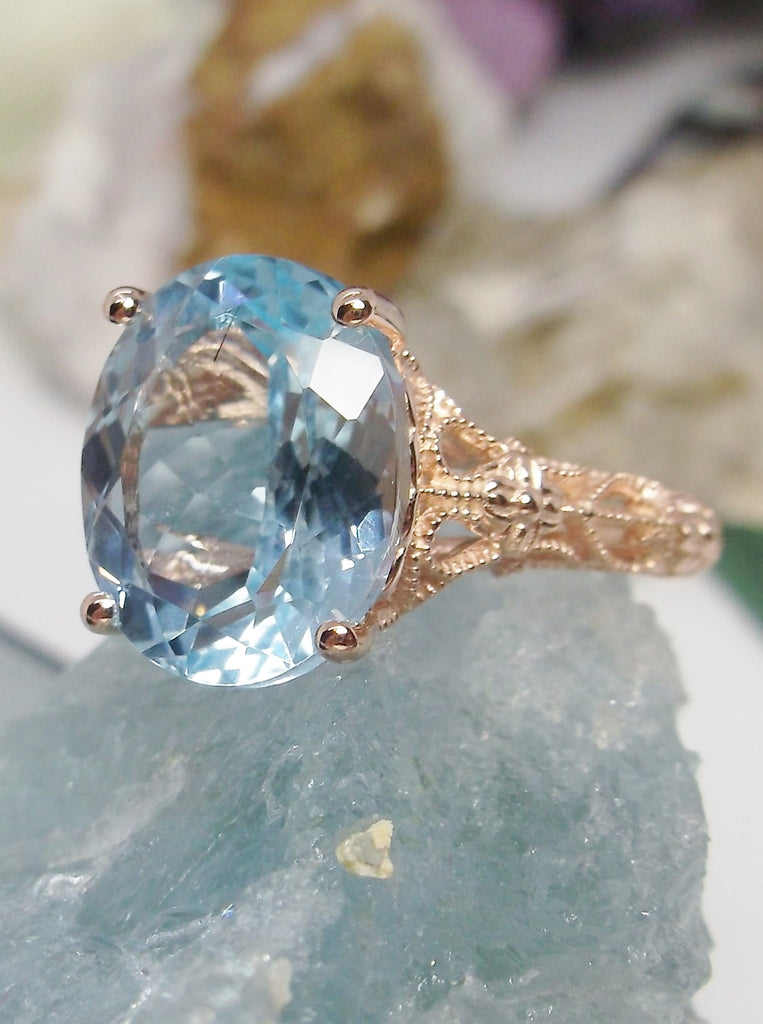 Natural Blue Topaz Ring, Medieval Floral filigree, Oval Gem, Vintage Rose Gold over Sterling Silver Jewelry, Silver Embrace Jewelry, D173