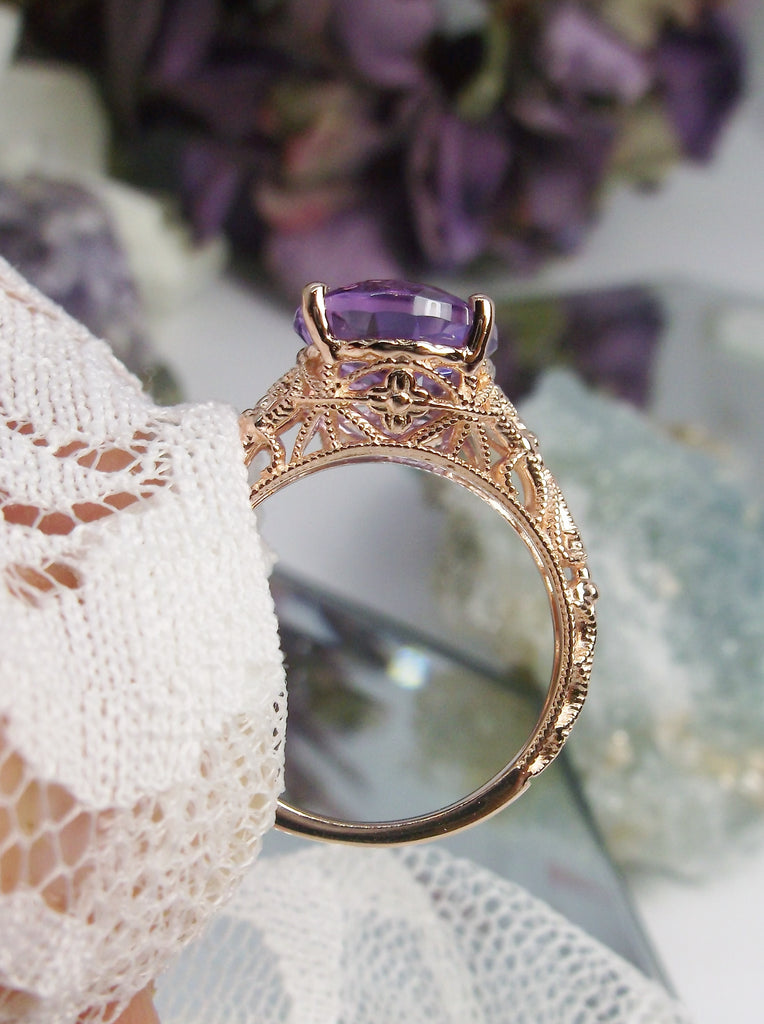 Natural Purple Amethyst Ring, Medieval Floral Sterling silver Filigree, Oval Gem, Rose-gold plated Vintage Sterling silver jewelry, D173 Silver Embrace Jewelry