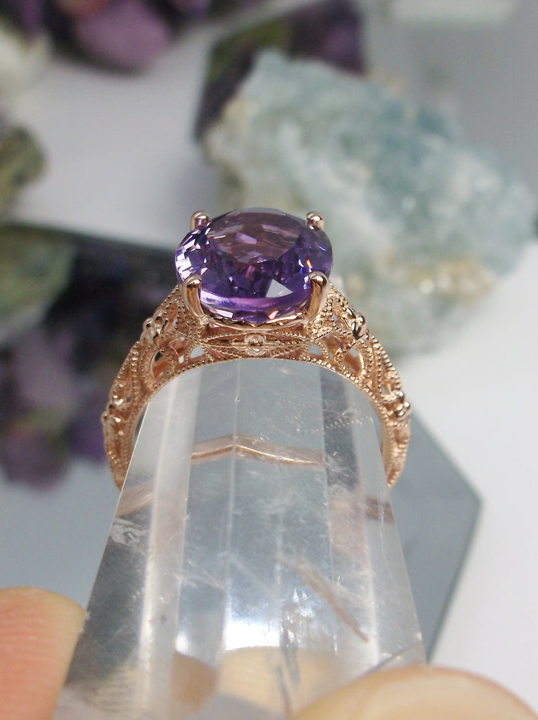 Natural Purple Amethyst Ring, Medieval Floral Sterling silver Filigree, Oval Gem, Rose-gold plated Vintage Sterling silver jewelry, D173 Silver Embrace Jewelry