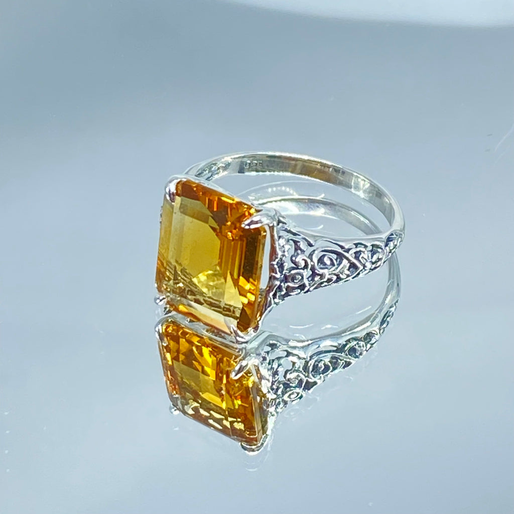 Natural Yellow Citrine Ring, 5 Ct Rectangle Gem, Step cut - Vintage Sterling silver jewelry, Silver Embrace Jewelry, D18