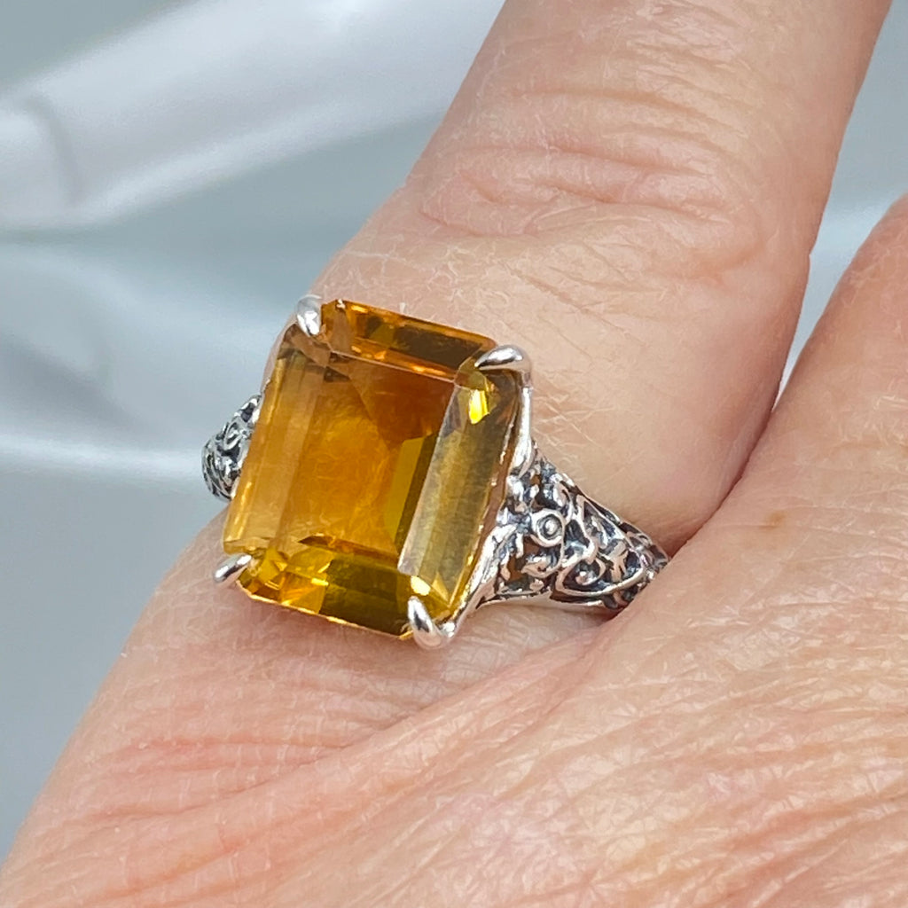 Natural Yellow Citrine Ring, 5 Ct Rectangle Gem, Step cut - Vintage Sterling silver jewelry, Silver Embrace Jewelry, D18