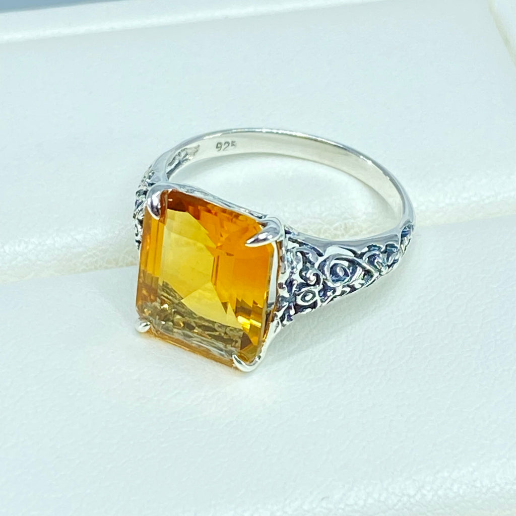 Natural Yellow Citrine Ring, 5 Ct Rectangle Gem, Step cut - Vintage Sterling silver jewelry, Silver Embrace Jewelry, D18