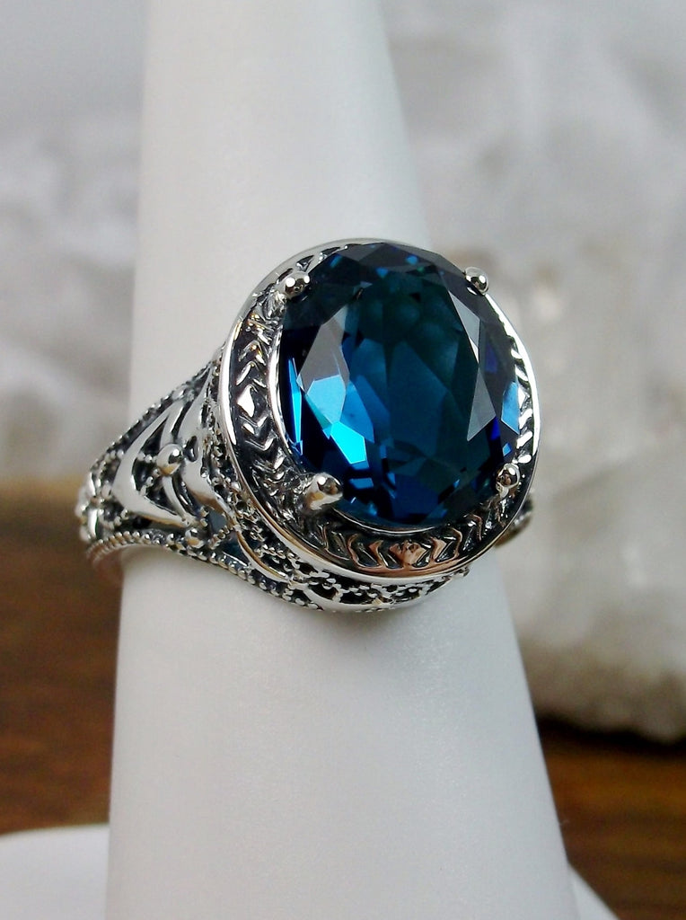 London Blue Topaz Ring, Broadway Ring, Vintage Sterling Silver Jewelry, Oval Gemstone, decorative filigree, Silver Embrace Jewelry, D180
