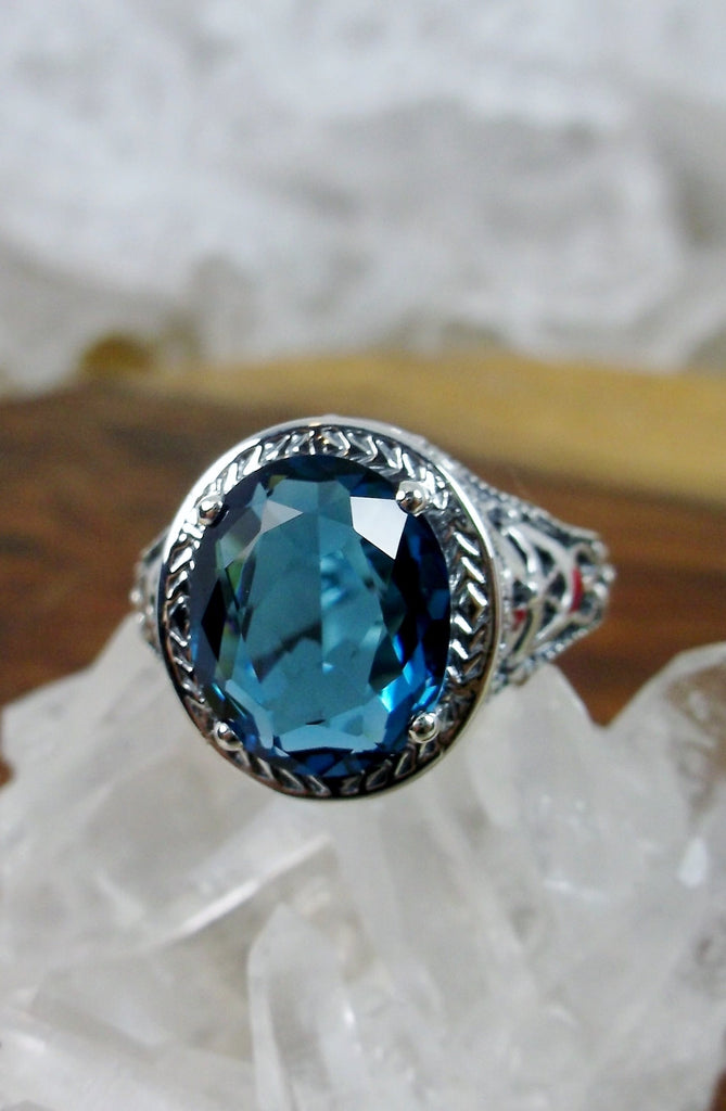 London Blue Topaz Ring, Broadway Ring, Vintage Sterling Silver Jewelry, Oval Gemstone, decorative filigree, Silver Embrace Jewelry, D180