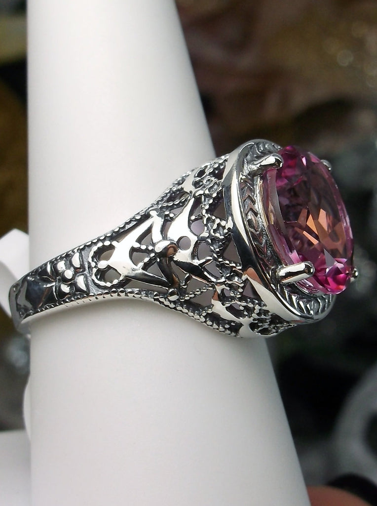 Natural Pink Topaz Ring, Broadway Ring, Vintage Sterling Silver Jewelry, Oval Gemstone, decorative filigree, Silver Embrace Jewelry, D180
