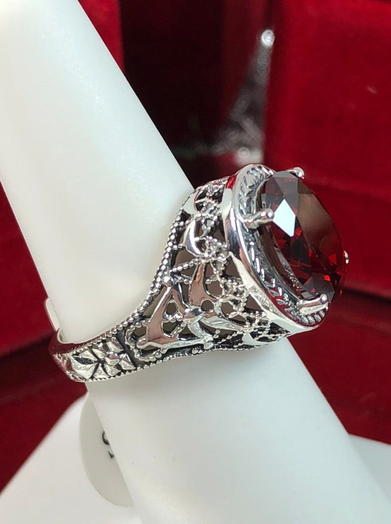 Red Garnet CZ Ring, Broadway Ring, Vintage Sterling Silver Jewelry, Oval Gemstone, decorative filigree, Silver Embrace Jewelry, D180