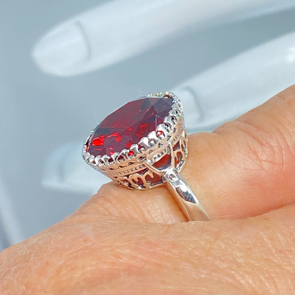 Garnet CZ Ring, Cup design, Art Deco Jewelry, Sterling silver antique filigree, Silver Embrace Jewelry, D188