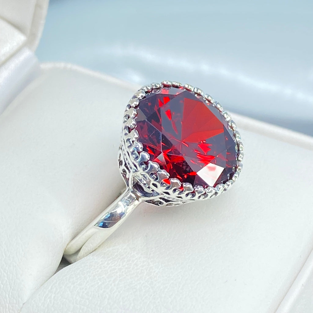 Garnet CZ Ring, Cup design, Art Deco Jewelry, Sterling silver antique filigree, Silver Embrace Jewelry, D188