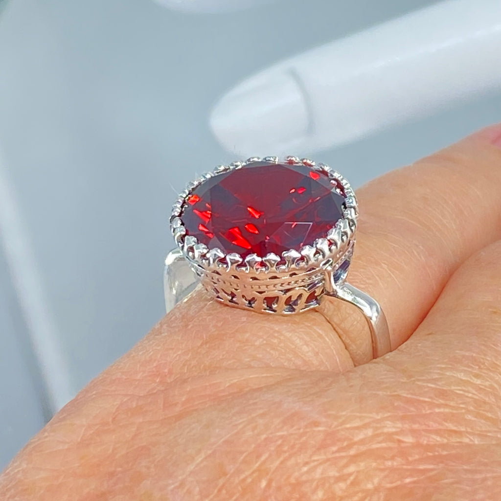 Garnet CZ Ring, Cup design, Art Deco Jewelry, Sterling silver antique filigree, Silver Embrace Jewelry, D188