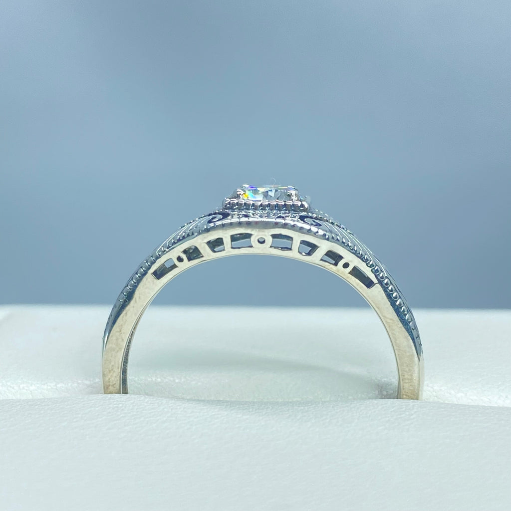 Lab Moissanite Faux diamond ring with swirl antique floral sterling silver filigree, Silver Embrace Jewelry, D189, Lizzie Ring