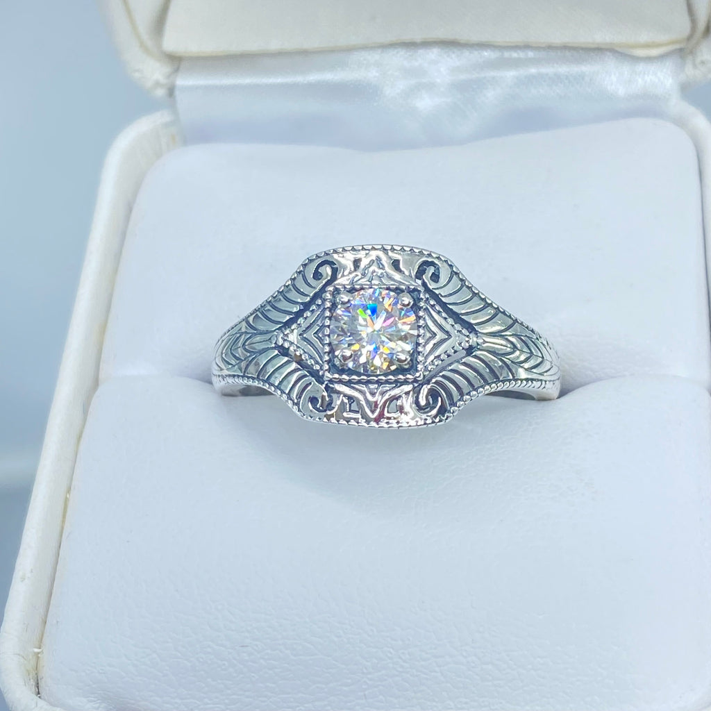 Lab Moissanite Faux diamond ring with swirl antique floral sterling silver filigree, Silver Embrace Jewelry, D189, Lizzie Ring