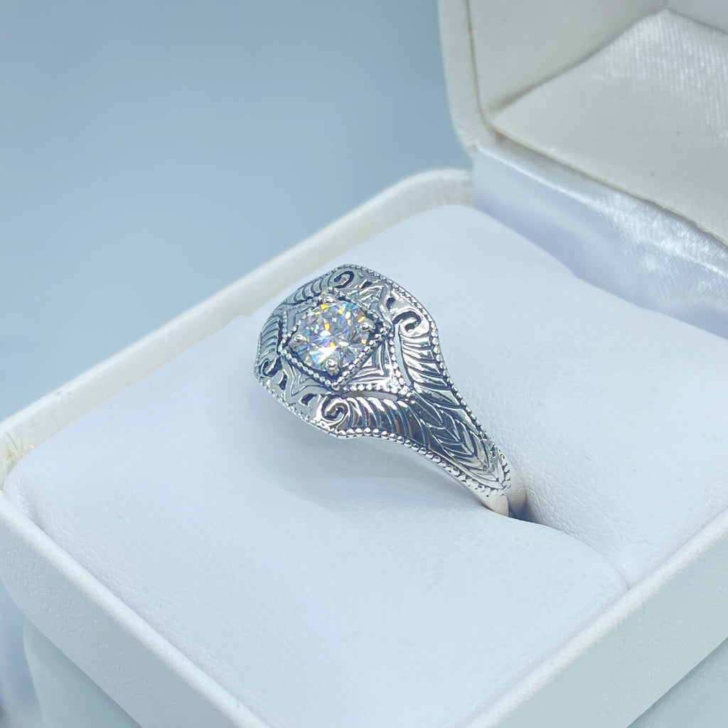 Lab Moissanite Faux diamond ring with swirl antique floral sterling silver filigree, Silver Embrace Jewelry, D189, Lizzie Ring