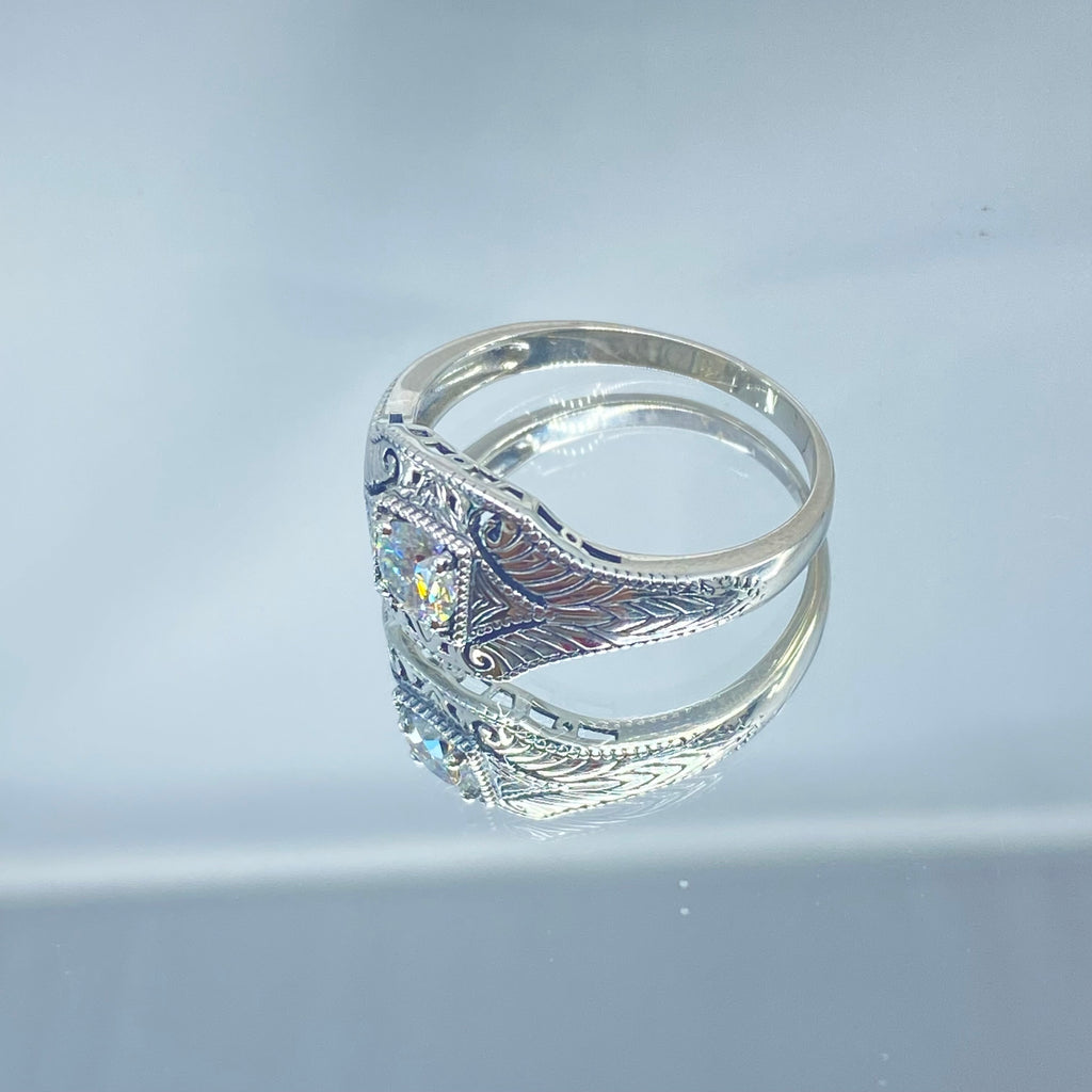 Lab Moissanite Faux diamond ring with swirl antique floral sterling silver filigree, Silver Embrace Jewelry, D189, Lizzie Ring