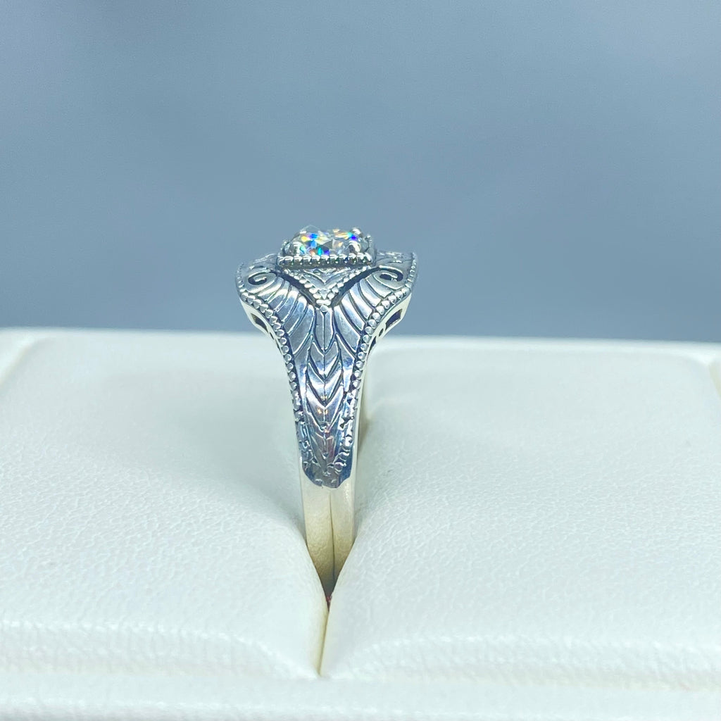 Lab Moissanite Faux diamond ring with swirl antique floral sterling silver filigree, Silver Embrace Jewelry, D189, Lizzie Ring