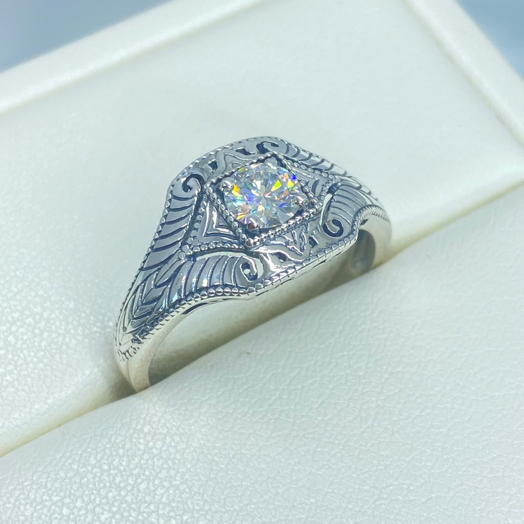 Lab Moissanite Faux diamond ring with swirl antique floral sterling silver filigree, Silver Embrace Jewelry, D189, Lizzie Ring