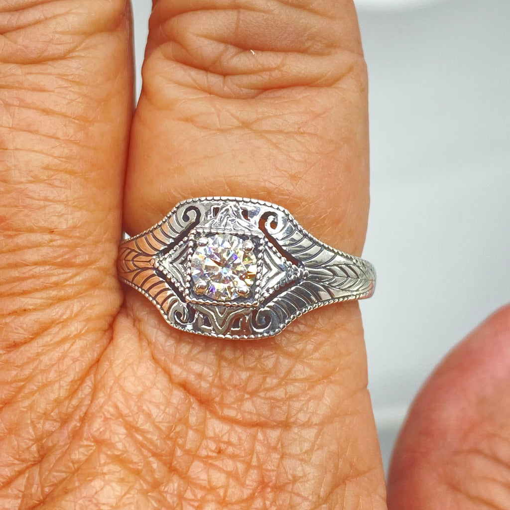 Lab Moissanite Faux diamond ring with swirl antique floral sterling silver filigree, Silver Embrace Jewelry, D189, Lizzie Ring