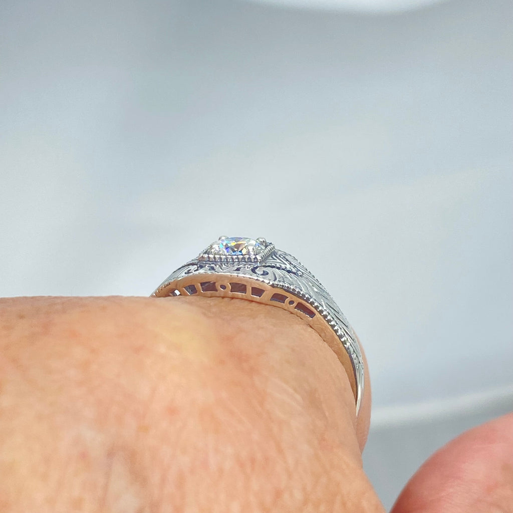 Lab Moissanite Faux diamond ring with swirl antique floral sterling silver filigree, Silver Embrace Jewelry, D189, Lizzie Ring