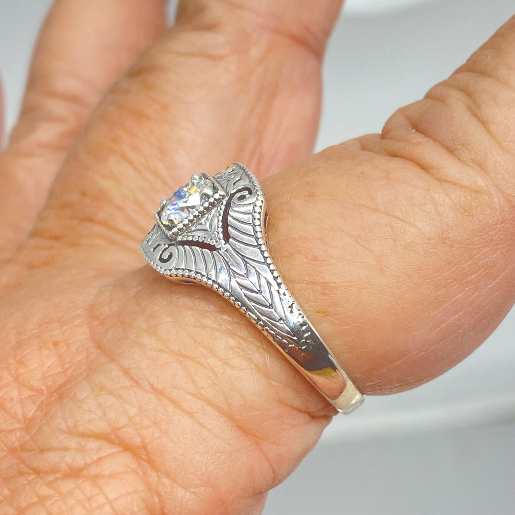 Lab Moissanite Faux diamond ring with swirl antique floral sterling silver filigree, Silver Embrace Jewelry, D189, Lizzie Ring