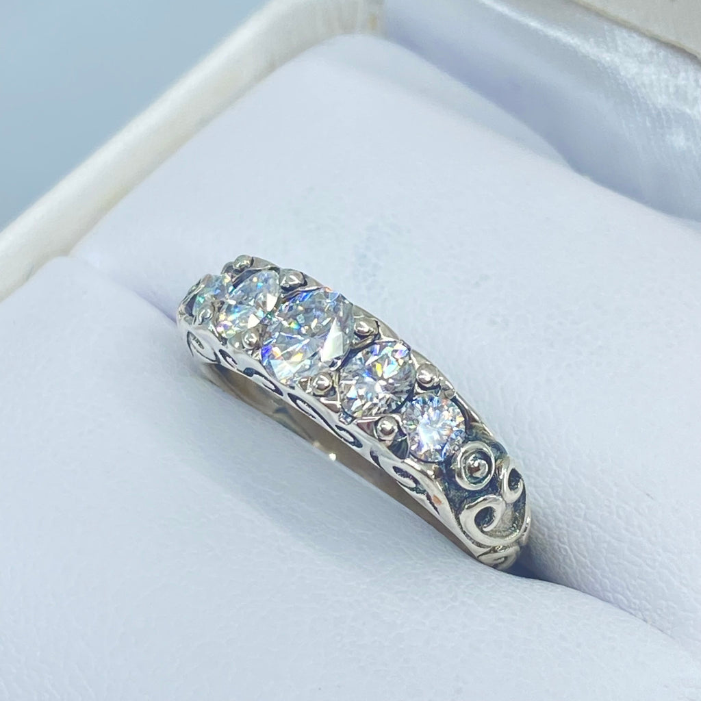 Moissanite Ring, Sterling Silver Filigree, Victorian style, Georgian design, D19
