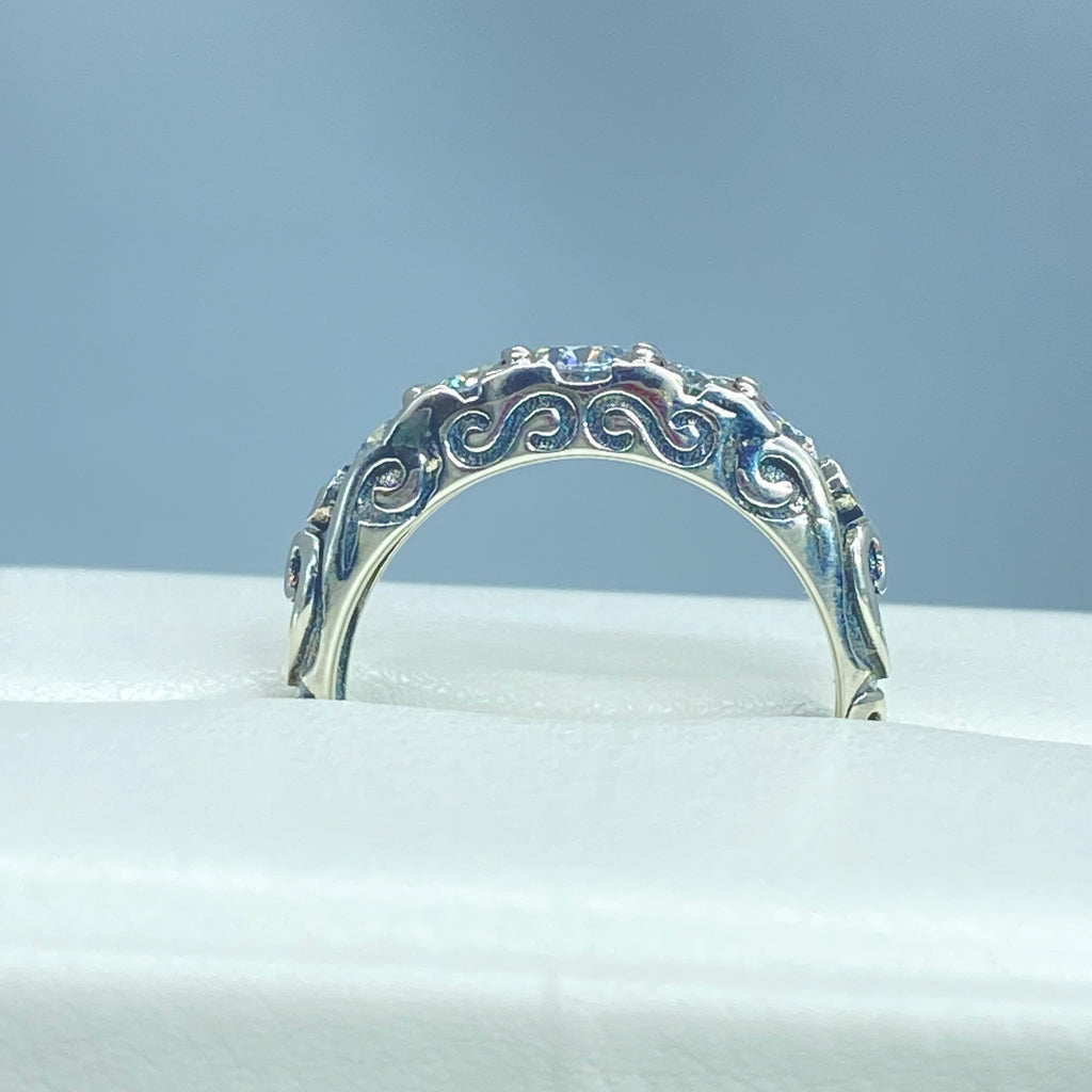 Moissanite Ring, Sterling Silver Filigree, Victorian style, Georgian design, D19