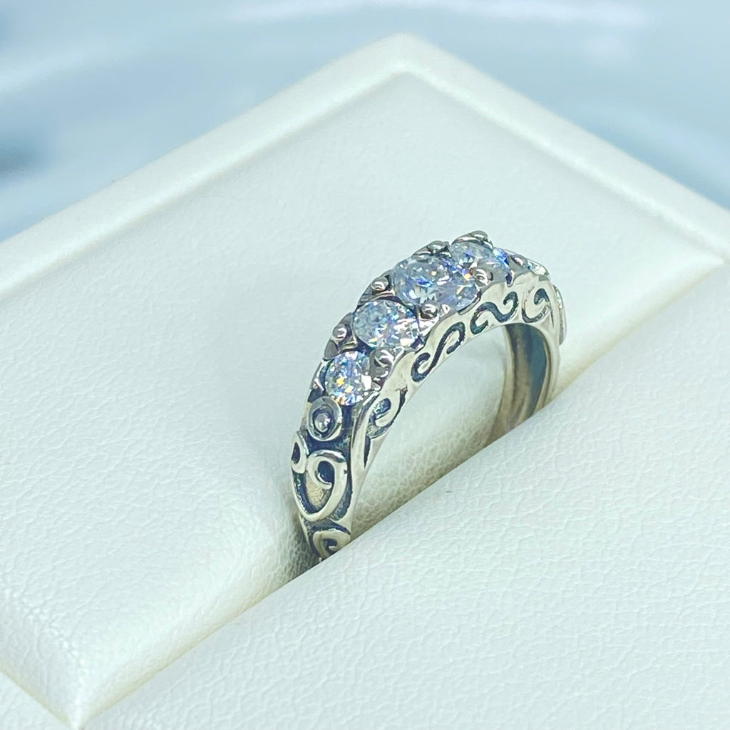 Moissanite Ring, Sterling Silver Filigree, Victorian style, Georgian design, D19