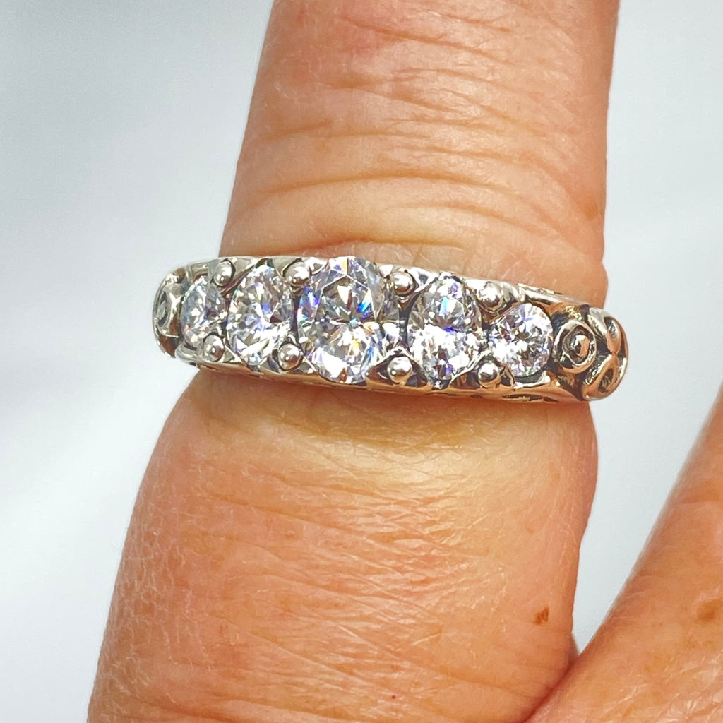 Moissanite Ring, Sterling Silver Filigree, Victorian style, Georgian design, D19