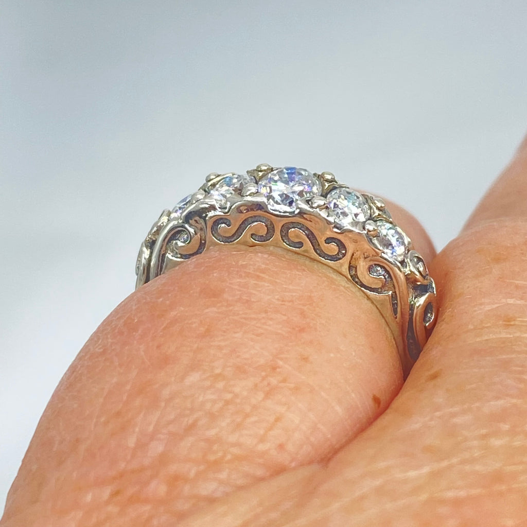 Moissanite Ring, Sterling Silver Filigree, Victorian style, Georgian design, D19