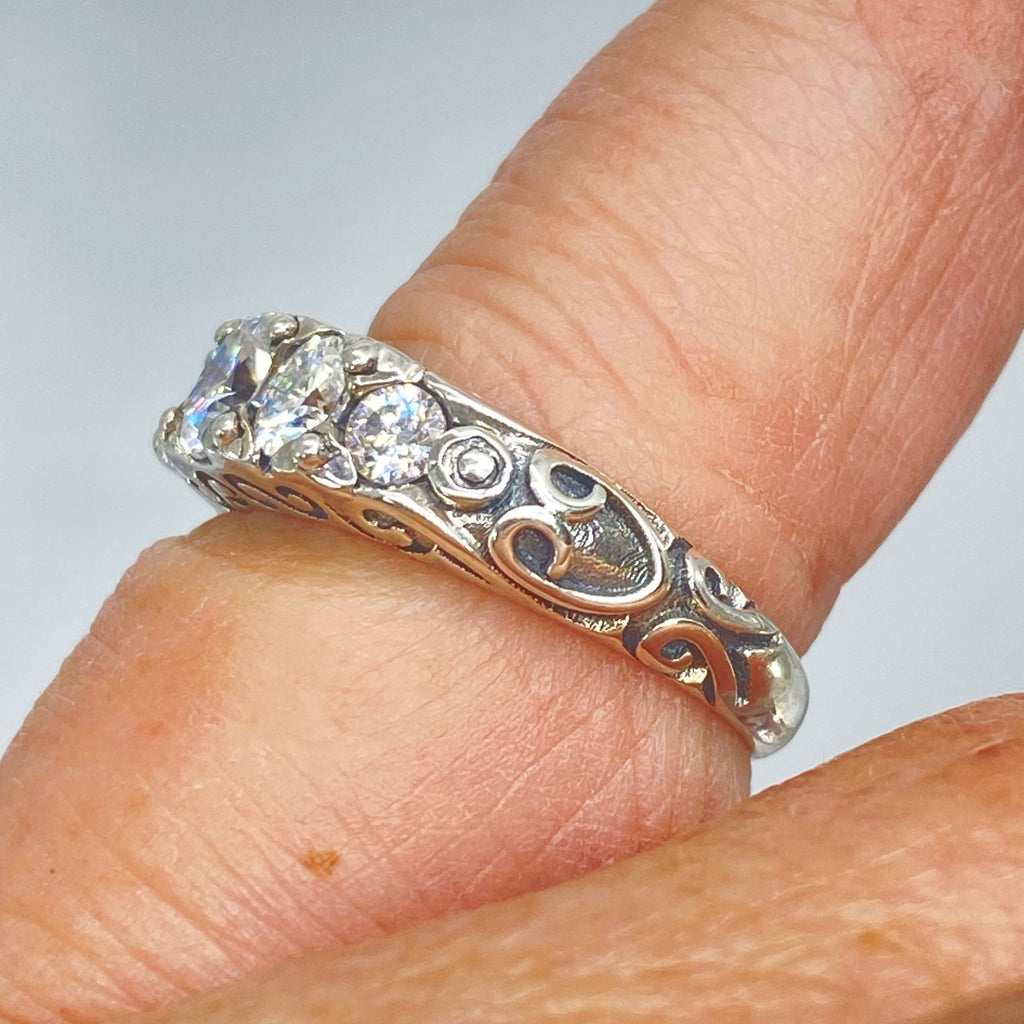 Moissanite Ring, Sterling Silver Filigree, Victorian style, Georgian design, D19