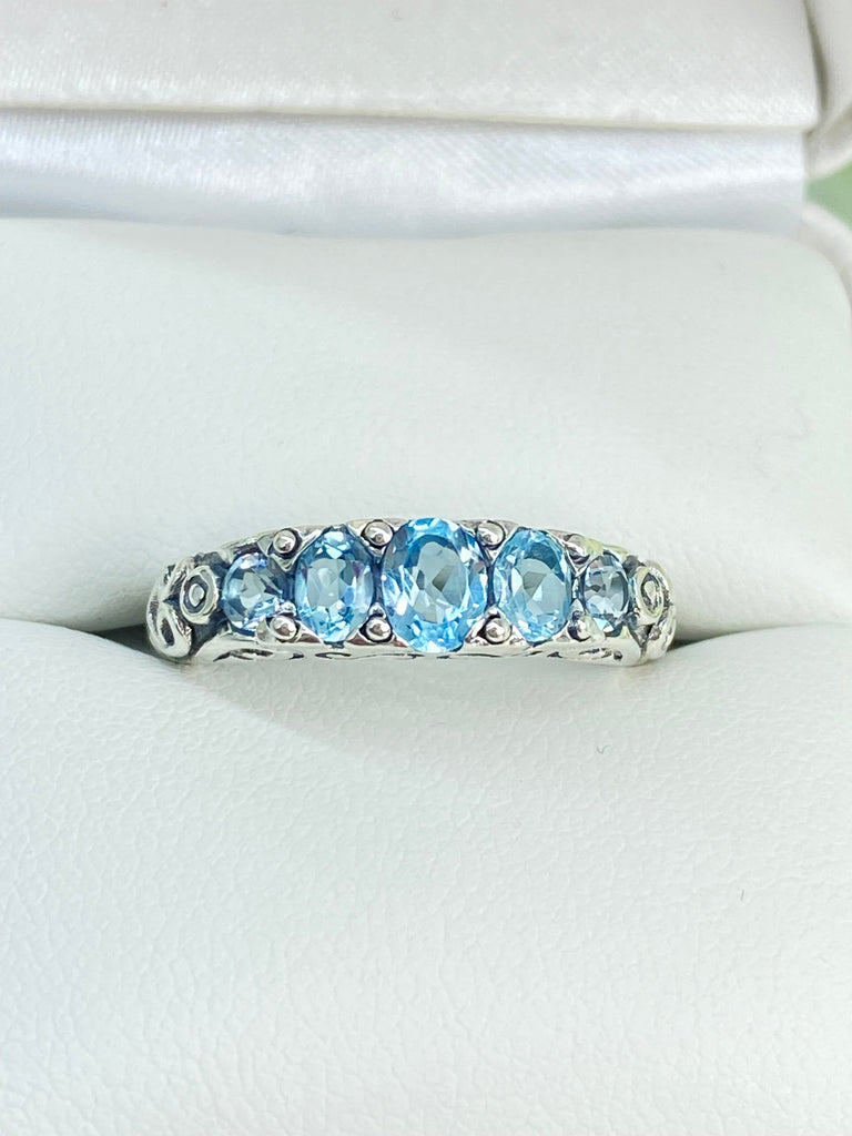 Natural Topaz Ring, Sky Blue Topaz Ring, 5 Gem Georgian Ring, Victorian Jewelry, D19, Silver Embrace jewelry, Sterling Silver Filigree