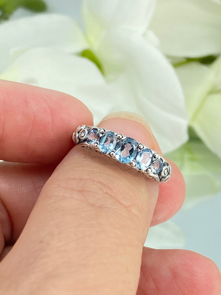 Natural Topaz Ring, Sky Blue Topaz Ring, 5 Gem Georgian Ring, Victorian Jewelry, D19, Silver Embrace jewelry, Sterling Silver Filigree