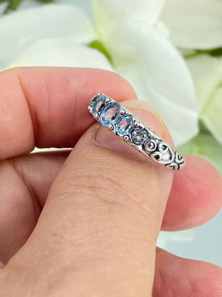 Natural Topaz Ring, Sky Blue Topaz Ring, 5 Gem Georgian Ring, Victorian Jewelry, D19, Silver Embrace jewelry, Sterling Silver Filigree