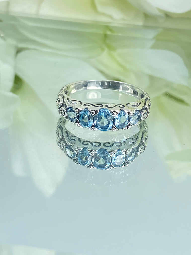 Natural Topaz Ring, Sky Blue Topaz Ring, 5 Gem Georgian Ring, Victorian Jewelry, D19, Silver Embrace jewelry, Sterling Silver Filigree