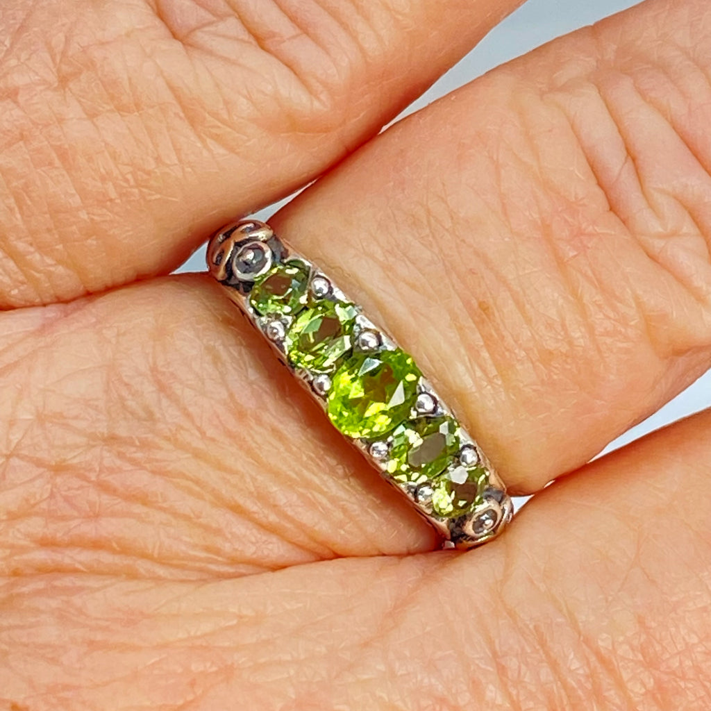 Natural Green Peridot Ring, 5-Gemstone Georgian Ring, Vintage Jewelry, Sterling Silver Filigree, Silver Embrace Jewelry D19