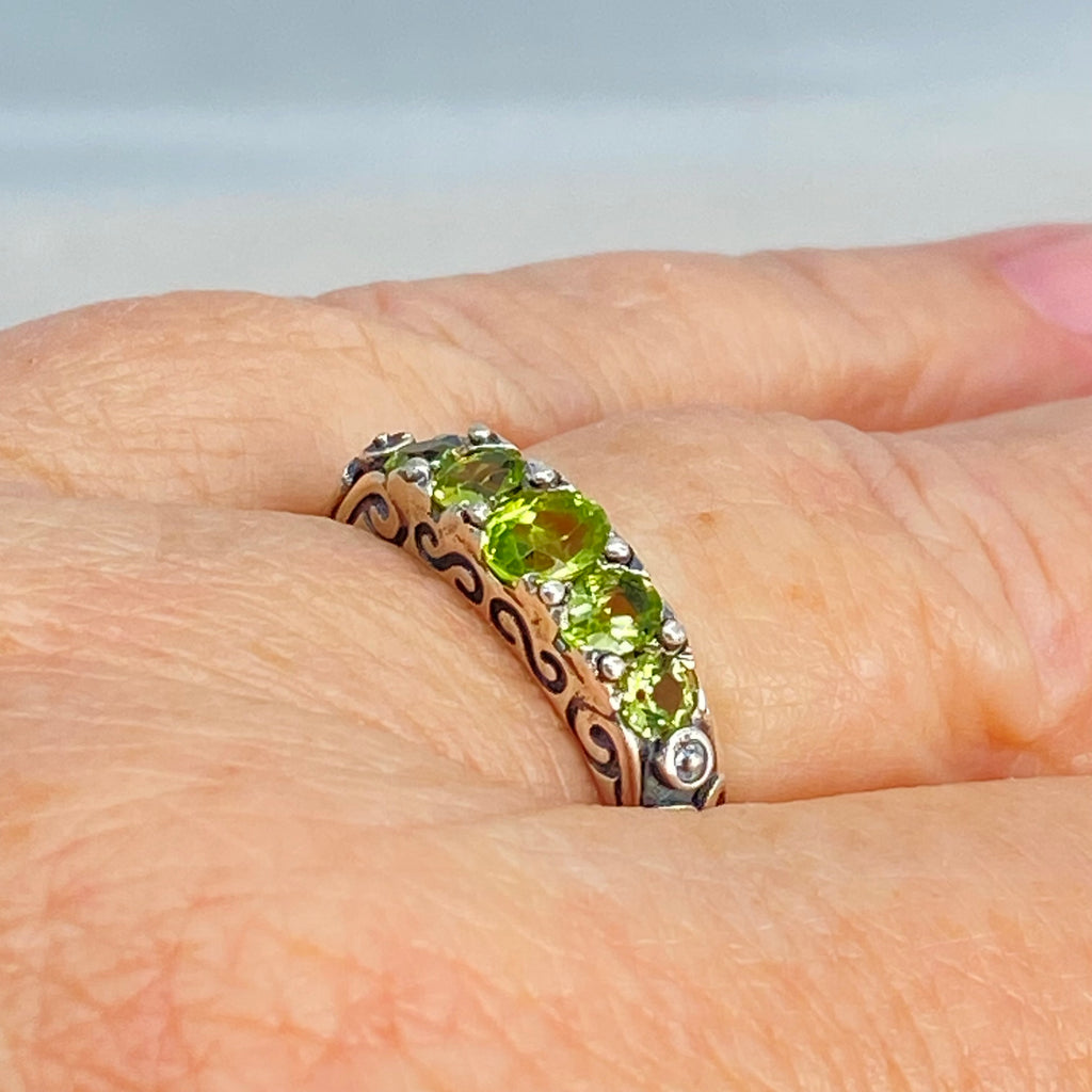 Natural Green Peridot Ring, 5-Gemstone Georgian Ring, Vintage Jewelry, Sterling Silver Filigree, Silver Embrace Jewelry D19