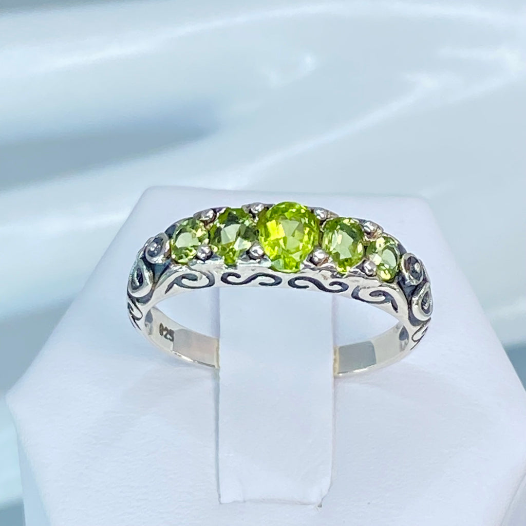 Natural Green Peridot Ring, 5-Gemstone Georgian Ring, Vintage Jewelry, Sterling Silver Filigree, Silver Embrace Jewelry D19