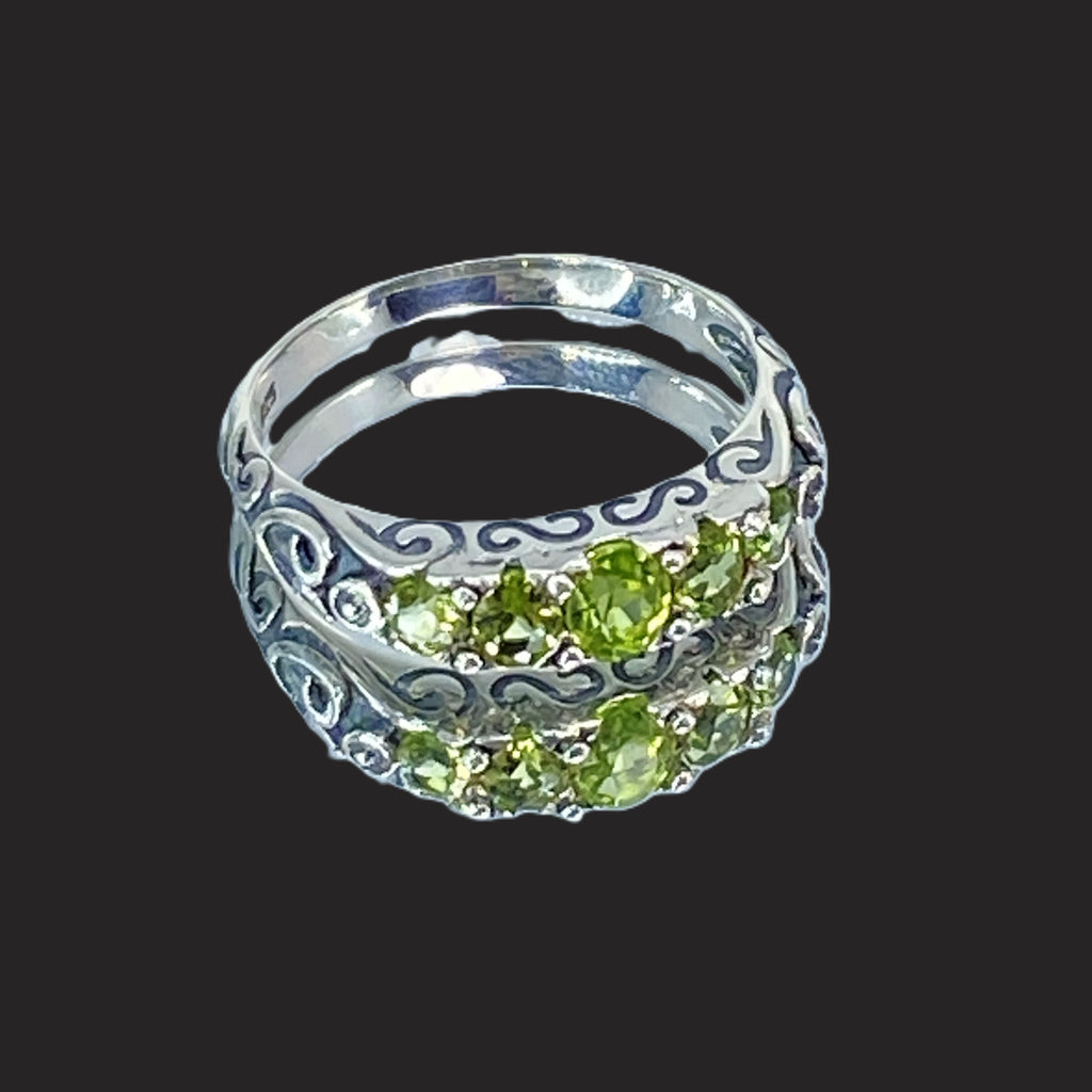 Natural Green Peridot Ring, 5-Gemstone Georgian Ring, Vintage Jewelry, Sterling Silver Filigree, Silver Embrace Jewelry D19