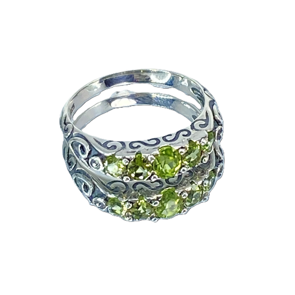 Natural Green Peridot Ring, 5-Gemstone Georgian Ring, Vintage Jewelry, Sterling Silver Filigree, Silver Embrace Jewelry D19