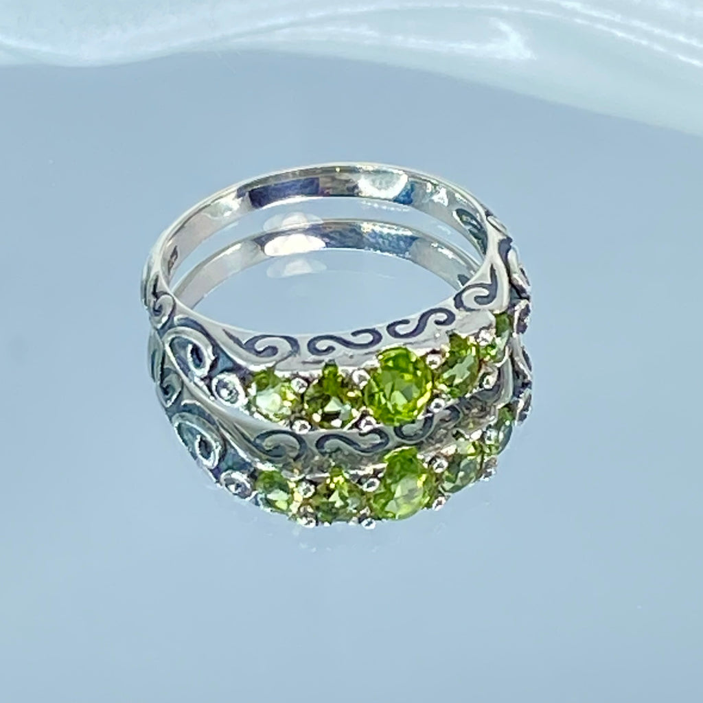 Natural Green Peridot Ring, 5-Gemstone Georgian Ring, Vintage Jewelry, Sterling Silver Filigree, Silver Embrace Jewelry D19