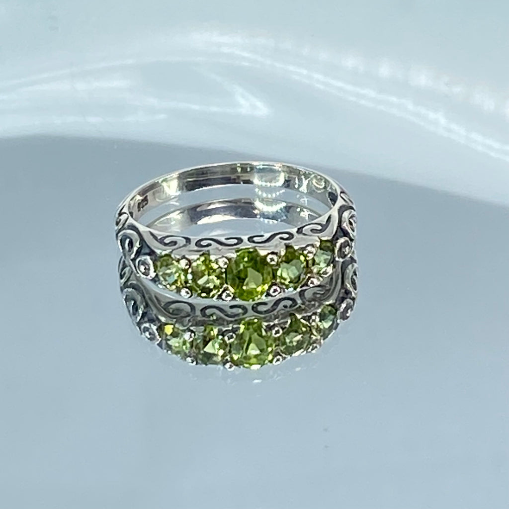 Natural Green Peridot Ring, 5-Gemstone Georgian Ring, Vintage Jewelry, Sterling Silver Filigree, Silver Embrace Jewelry D19