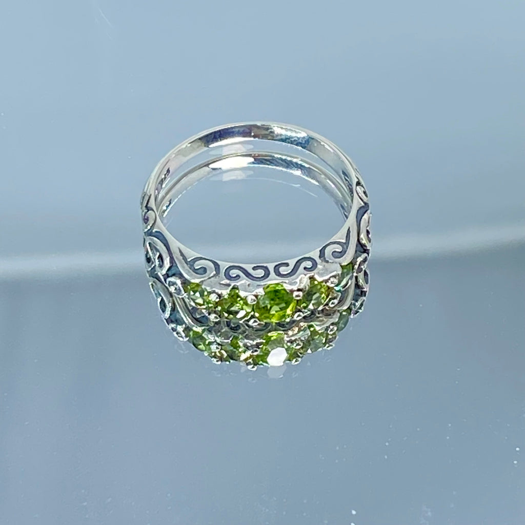 Natural Green Peridot Ring, 5-Gemstone Georgian Ring, Vintage Jewelry, Sterling Silver Filigree, Silver Embrace Jewelry D19