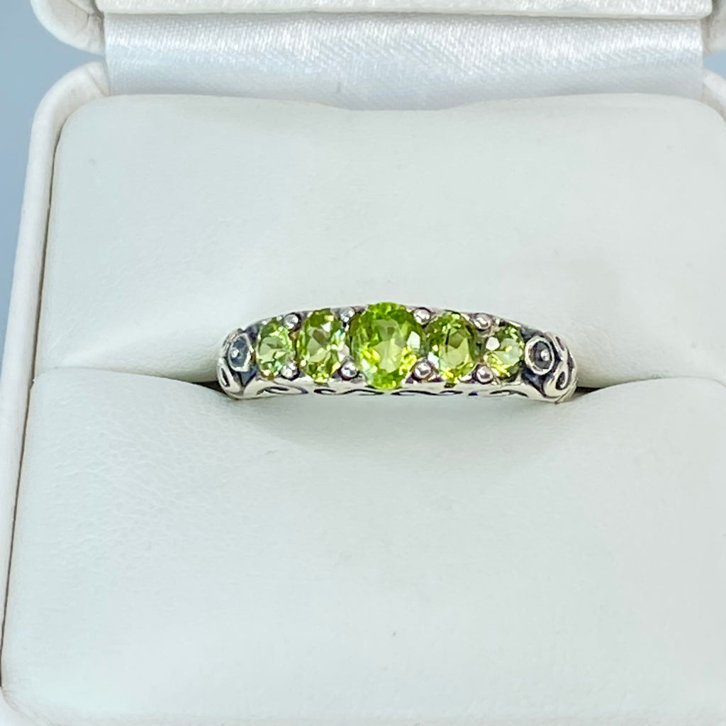 Natural Green Peridot Ring, 5-Gemstone Georgian Ring, Vintage Jewelry, Sterling Silver Filigree, Silver Embrace Jewelry D19